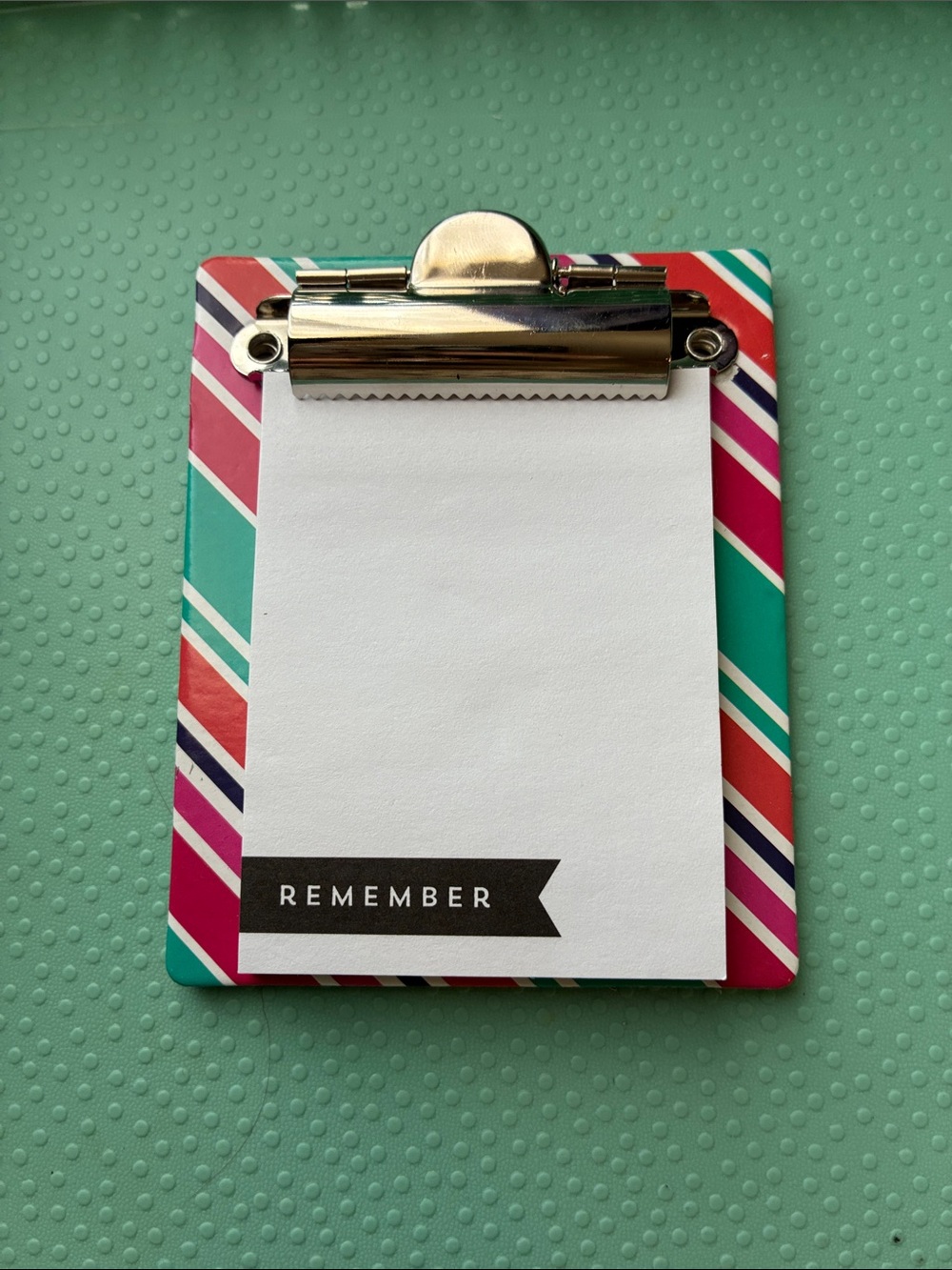 Mini Magnetic Stripe Clipboard Notepad - Teal, Pink & Red “Remember”